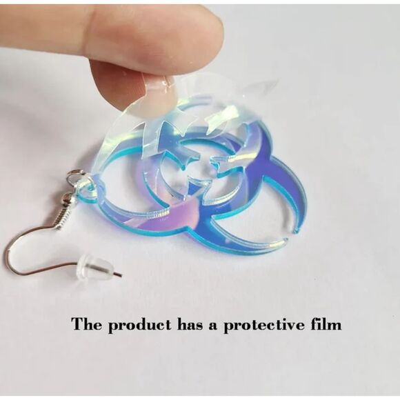 5/$25 Iridescent Acrylic Biohazard Symbol Earrings Novelty Drop Earrings NWT - Picture 3 of 4